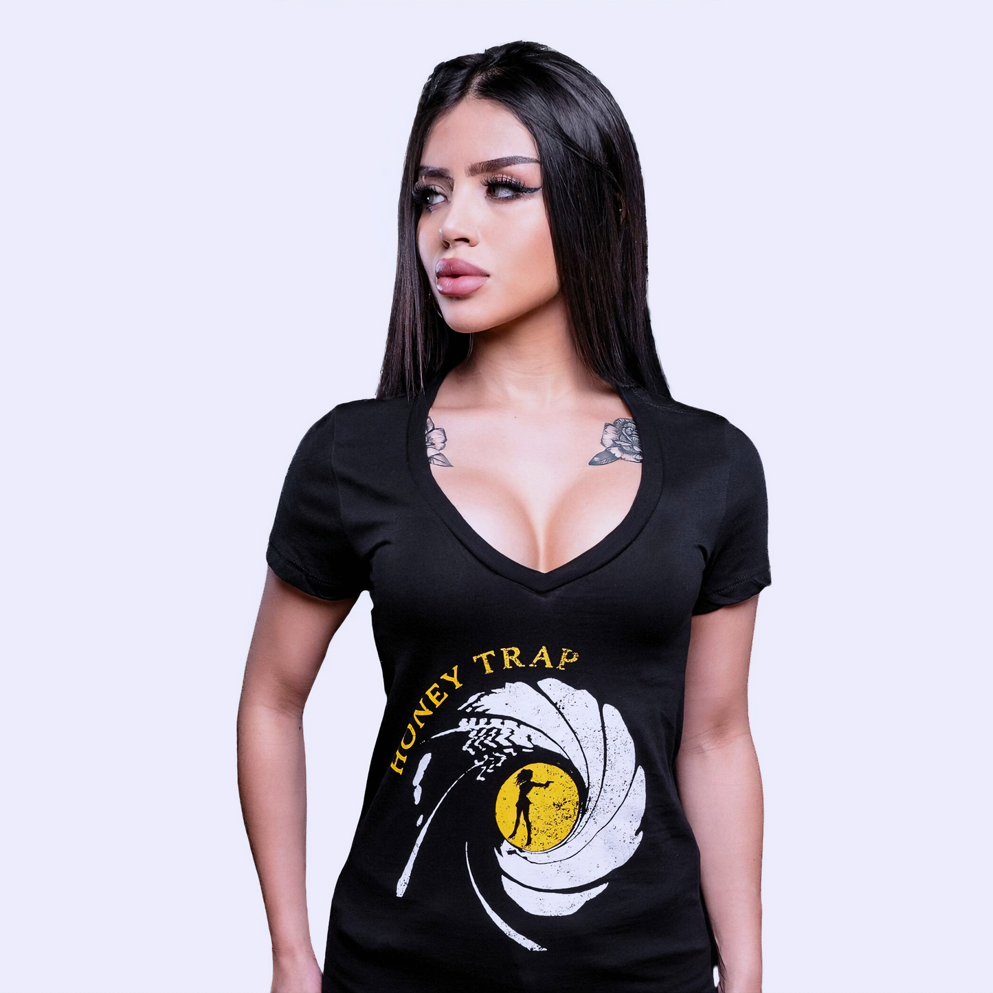 Female V-Neck T- Shirt (007 James Bond Themed Femme Fatale Spy Design)