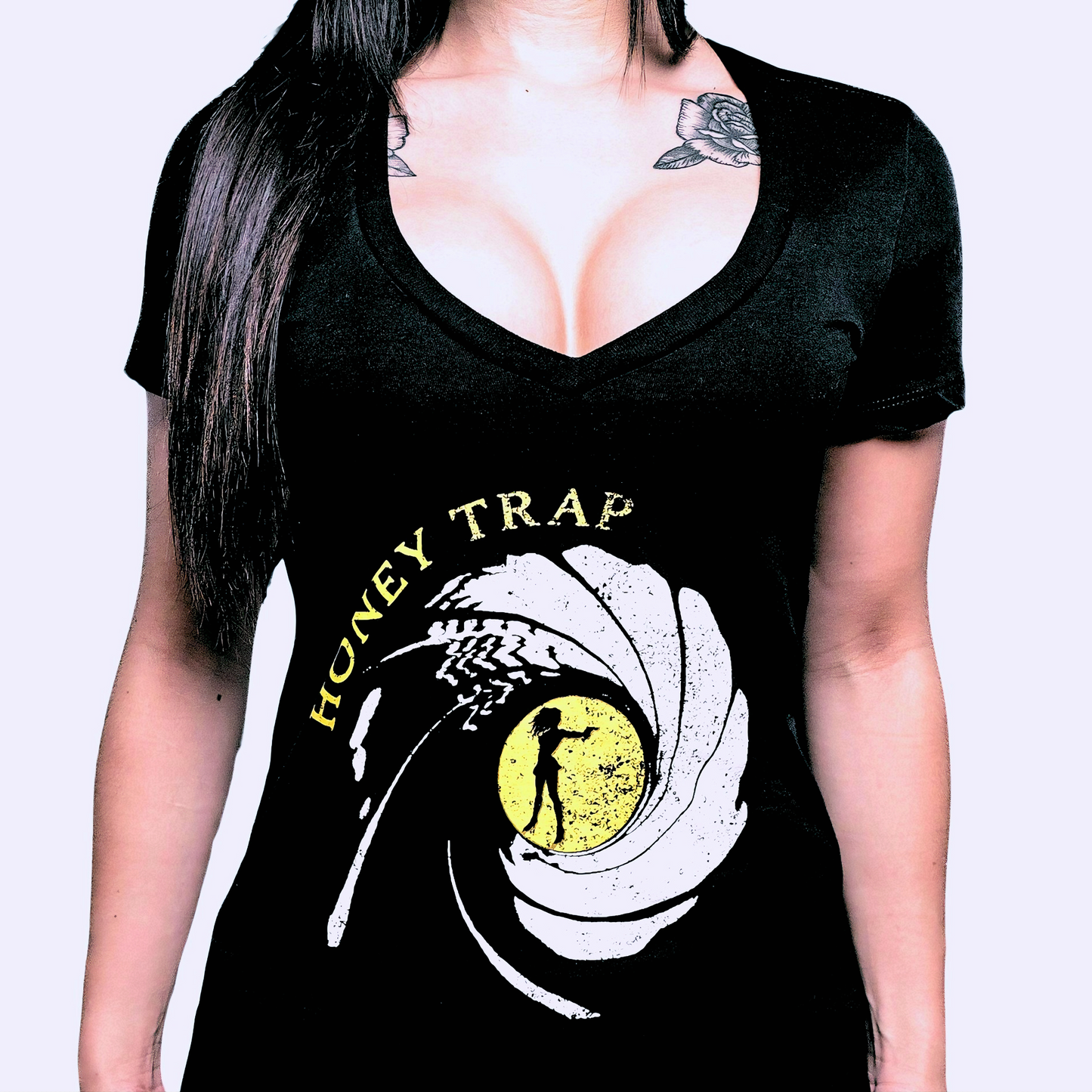 Female V-Neck T- Shirt (007 James Bond Themed Femme Fatale Spy Design)